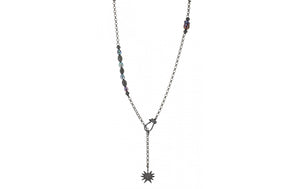 Lariat Hematite Color Chain Link Necklace with Freshwater Pearls and Starburst Pendant