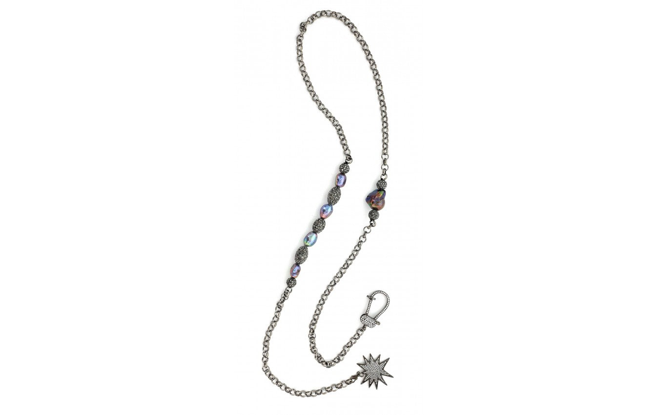 Lariat Hematite Color Chain Link Necklace with Freshwater Pearls and Starburst Pendant