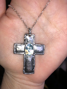 Sterling Silver Roman Glass oxidized cross necklace