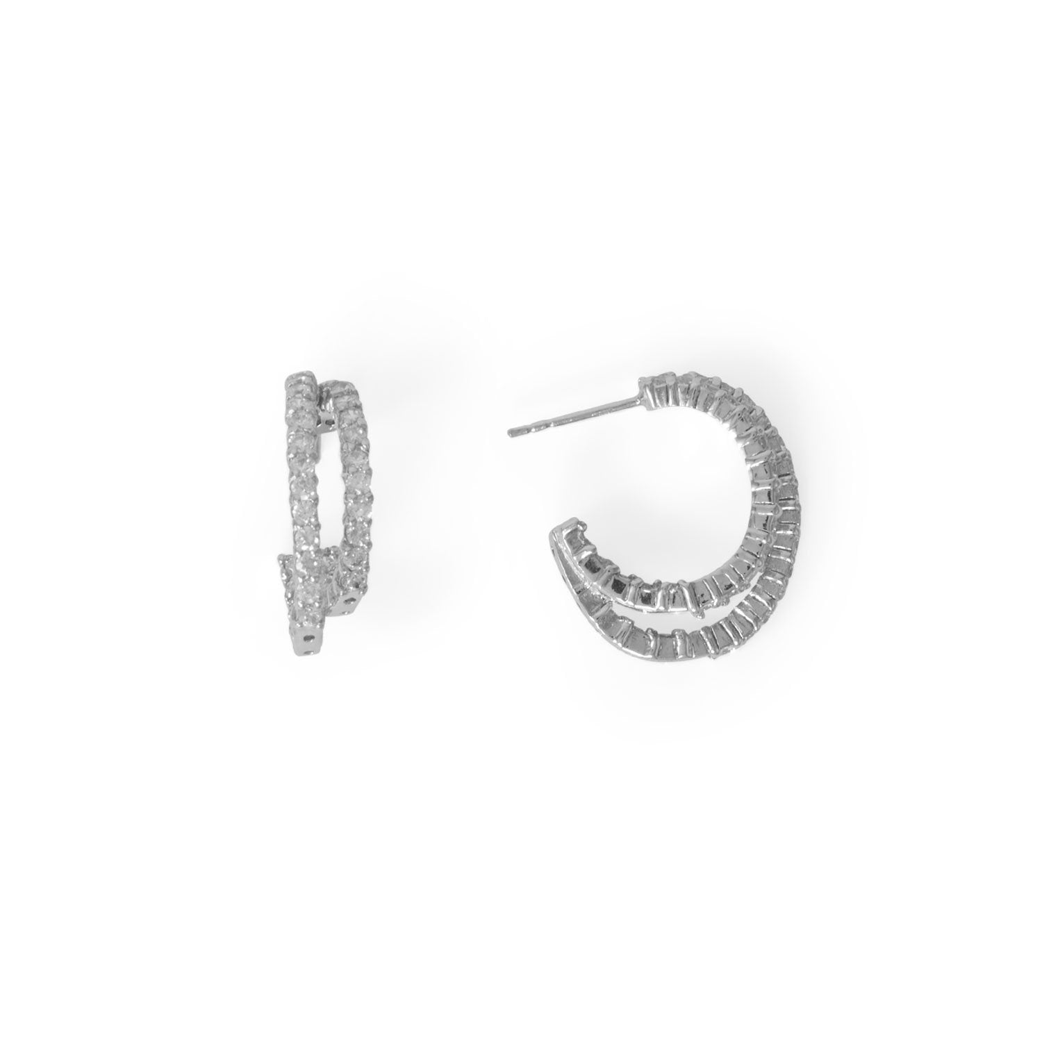 Rhodium Plated In/Out CZ Double 3/4 Hoop Earrings
