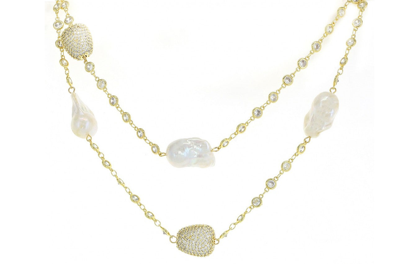 Cubic Zirconia Chain Necklace with Pearls
