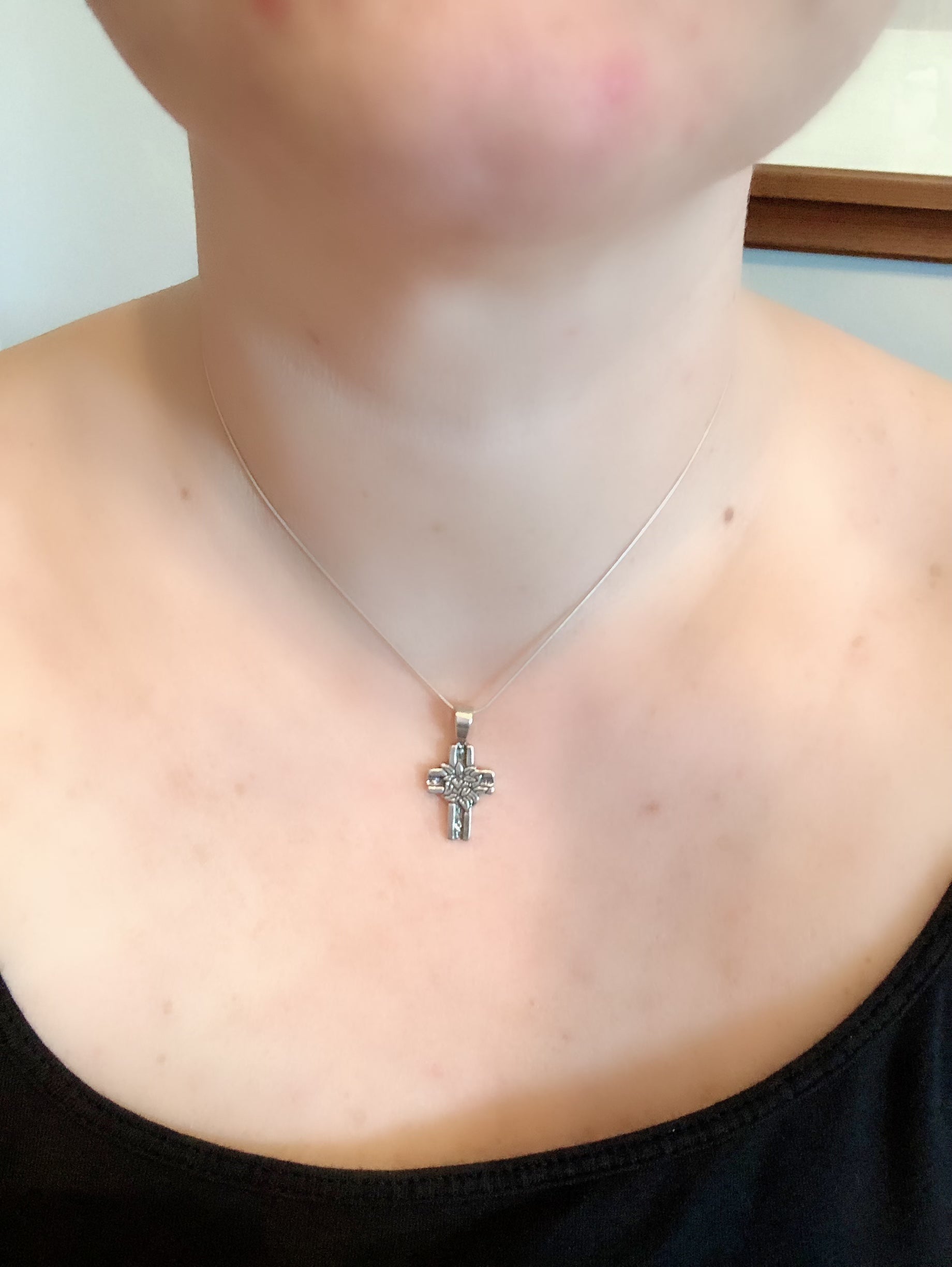 Sterling Silver Cross Necklace with flower in center