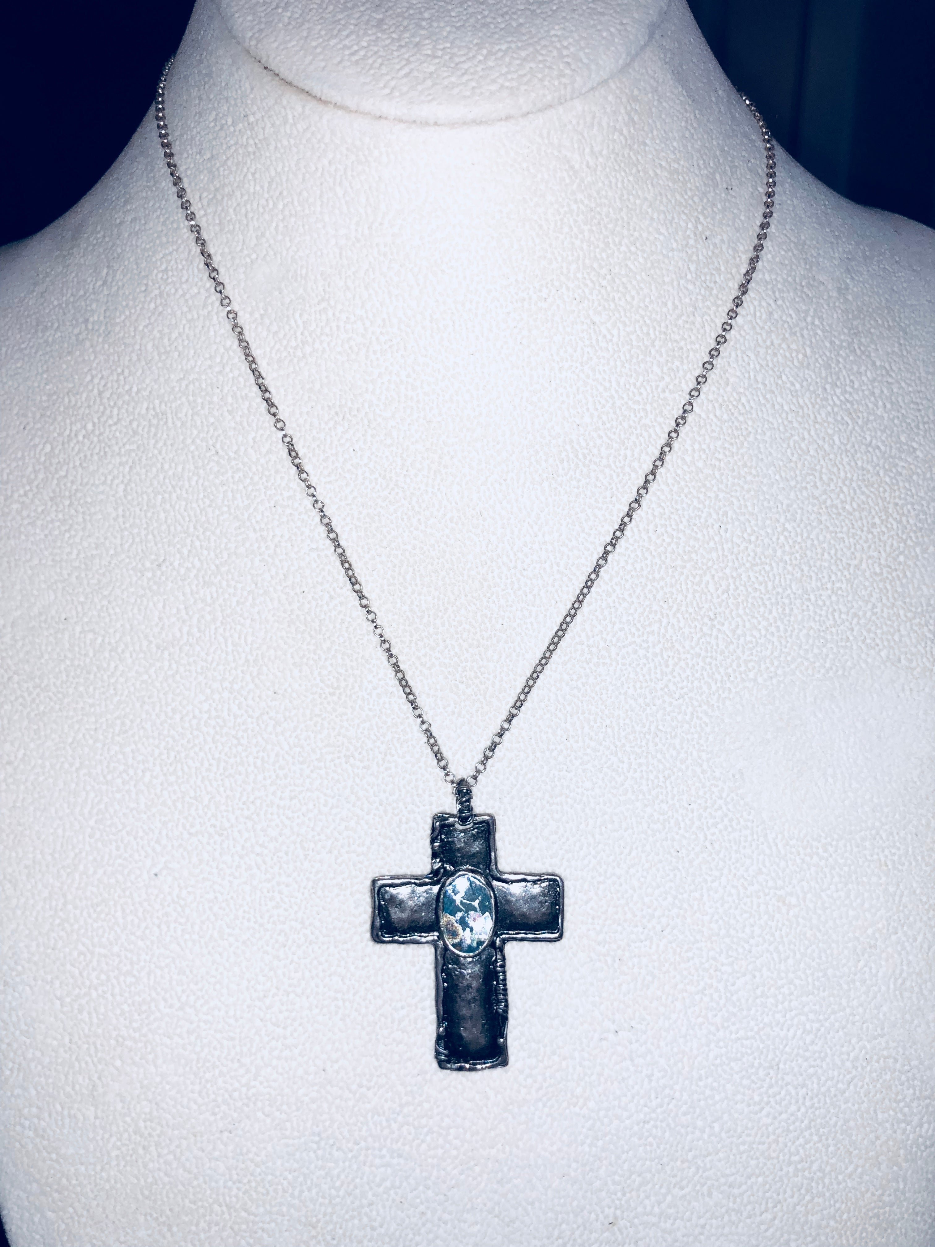 Sterling Silver Roman Glass oxidized cross necklace