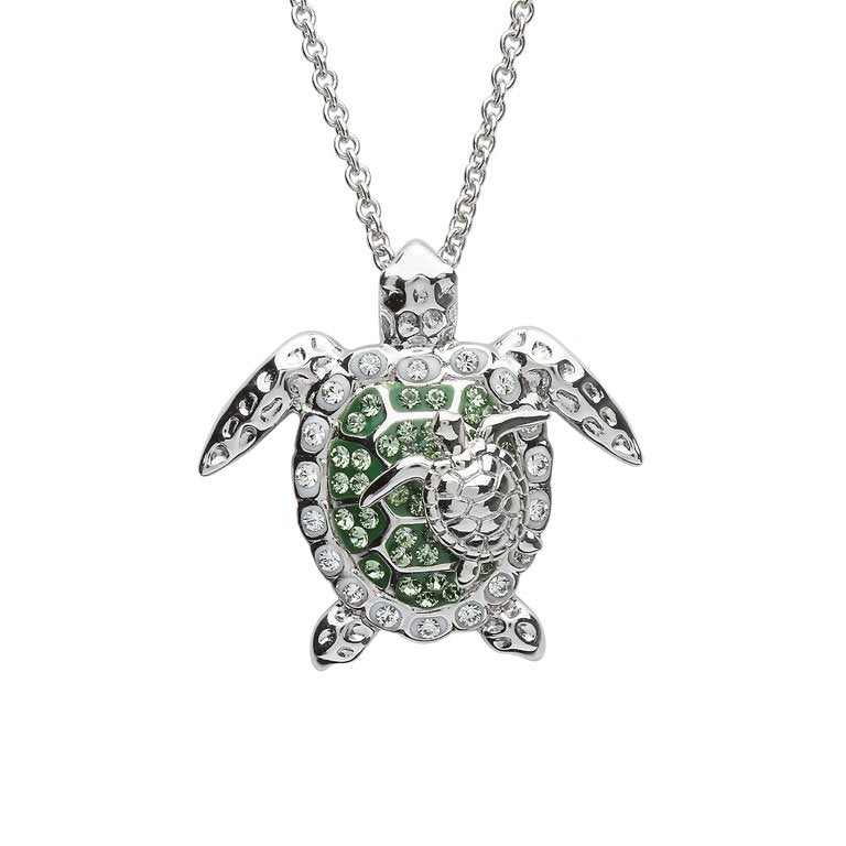 Mother & Baby Green Sea Turtle Necklace With Swarovski® Crystals