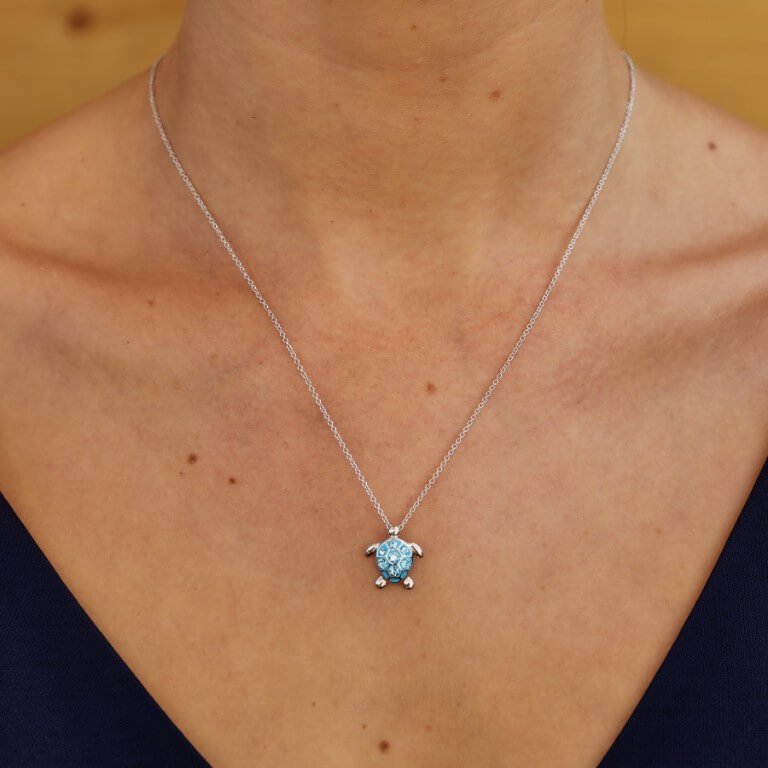 Sea Turtle Necklace With Clear Swarovski® Crystals –Medium  Size