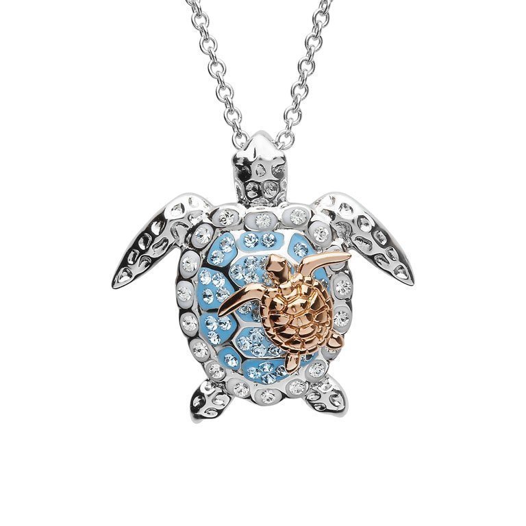 Mother & Baby Green Sea Turtle Necklace With Swarovski® Crystals