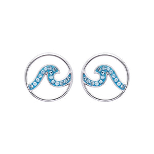 Wave Round Stud Earrings With Aqua Swarovski® Crystals